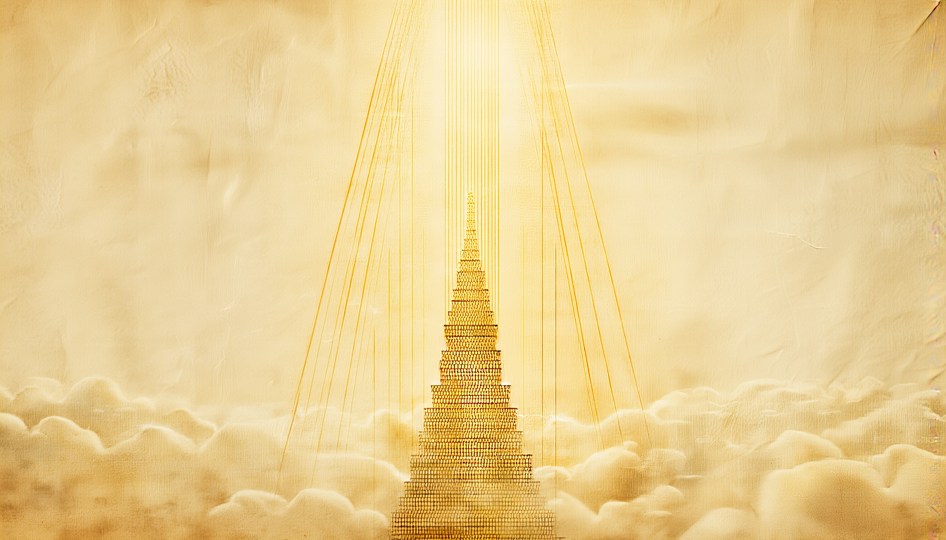 A tower rendered as a luminous lattice of light frequencies, five streams weaving into one beam