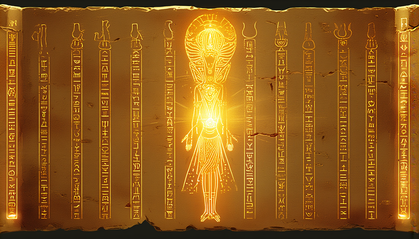 An ancient Sumerian clay tablet with glowing cuneiform signs and a radiant golden decree at its center