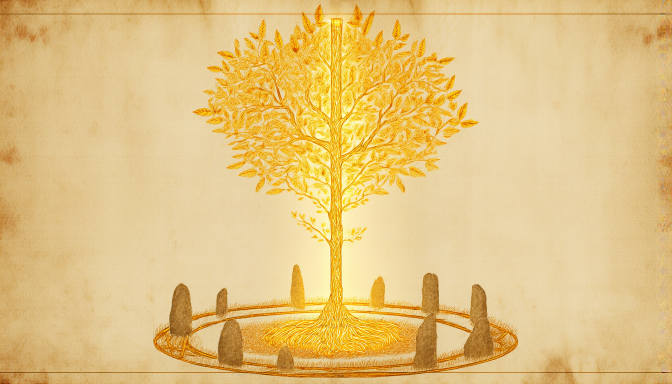 A golden bough cut from a tall ritual tree, glowing, with a ceremonial ring of stones at the base