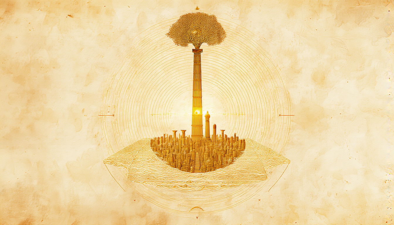 Concentric rings of water and earth surrounding a radiant golden city, plan view