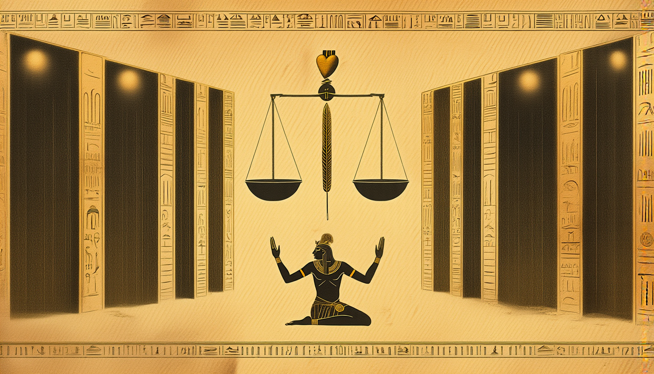 The scale of judgment balancing a heart against a golden feather, twelve cavern gates behind