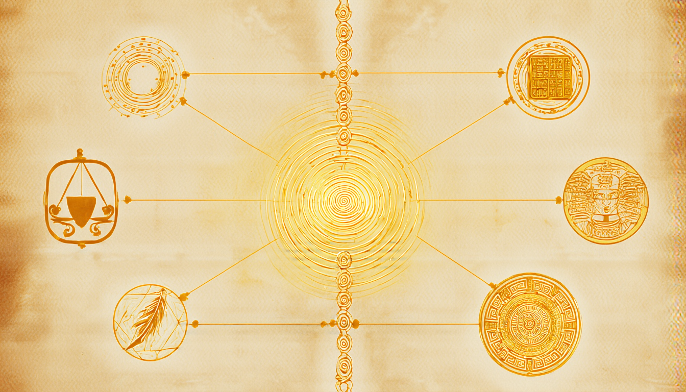 A golden logarithmic spiral connecting five emblems: tablet, bough, rings, feather, calendar wheel