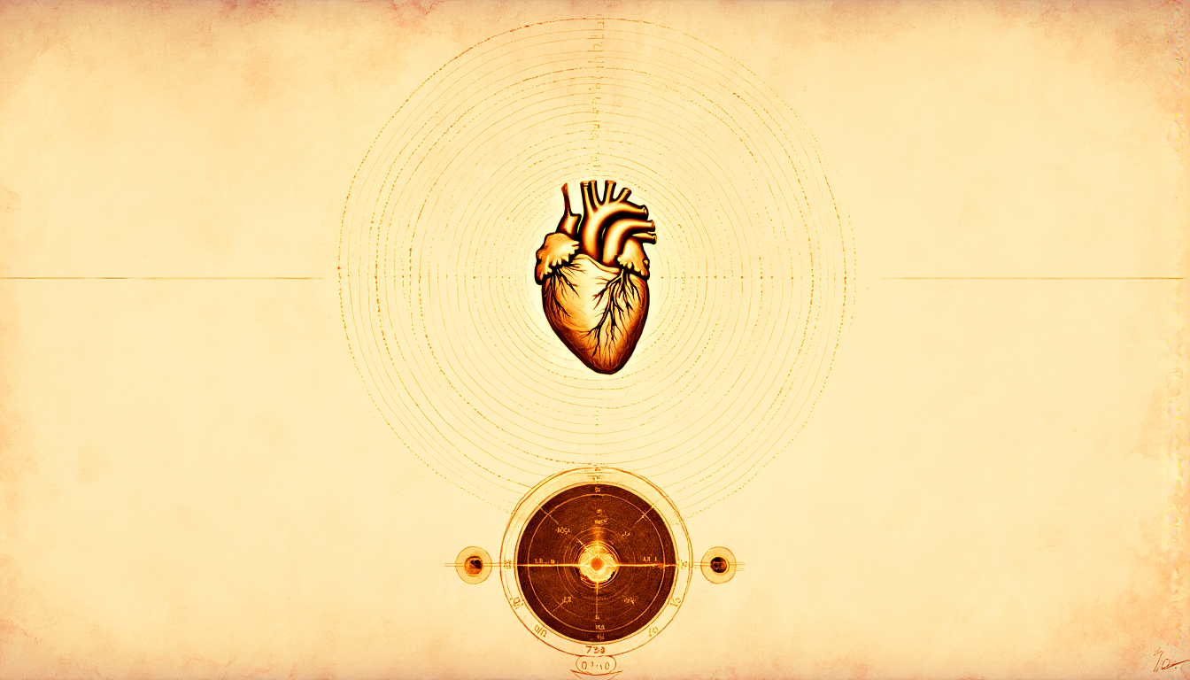 A crystal heart radiating concentric golden frequency rings with fine dials marked 7.83 and 0.1